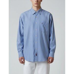 Tommy Hilfiger Mens Blue Striped Button-Down Shirt Size L Long Sleeve Classic Fi